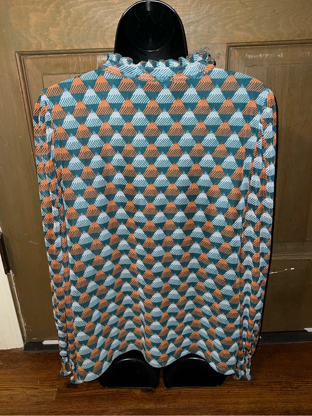 Geometric Teal Retro Blouse 70’s Ruffle Puff Balloon Sleeve Orange Boho Size L - Picture 7 of 12